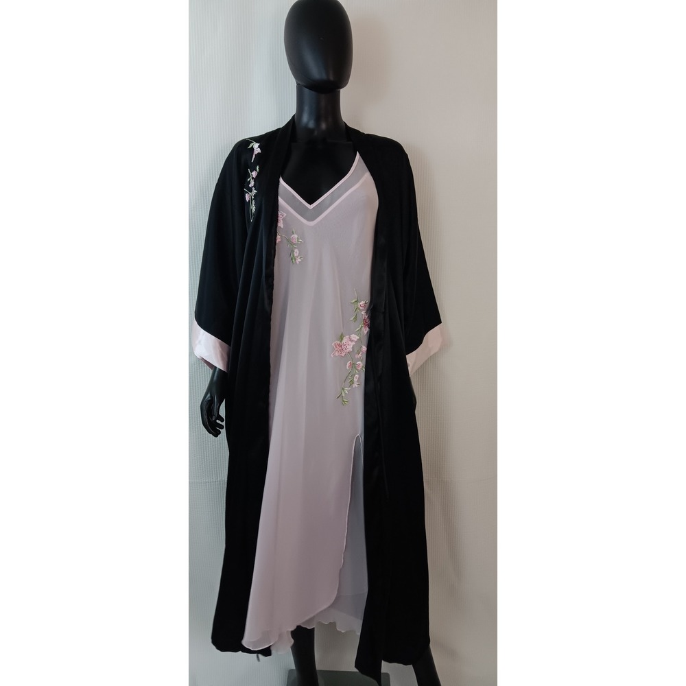 Delicates Womens Black Satin Robe Pink Chiffon Nightie 2 Piece Set Medium Floral